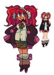  1girl big_hair bow breasts brown_jacket brown_leg_warmers brown_shoes commentary cookiehau drawstring earmuffs english_commentary eyelashes freckles full_body fur_leg_warmers green_bow green_eyes green_skirt hands_on_own_hips highres jacket kyokugen_dasshutsu kyokugen_dasshutsu:_9_jikan_9_nin_9_no_tobira leg_warmers long_hair official_art_inset open_clothes open_jacket open_mouth plaid_bow plaid_clothes plaid_skirt pom_pom_(clothes) pom_pom_drawstring red_hair reference_inset shirt shoes simple_background skirt sleeves_past_fingers sleeves_past_wrists smile solo standing twintails white_background white_shirt yotsuba_(kyokugen_dasshutsu) 