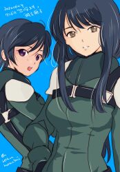  2girls aldnoah.zero amifumi_inko black_hair blue_background breasts brown_eyes commentary_request hand_on_own_hip harness highres kaizuka_yuki long_hair looking_at_viewer mecha_pilot_suit multiple_girls open_mouth rokunanashi short_hair teeth twitter_username upper_teeth_only violet_eyes 
