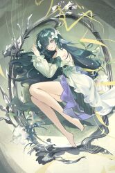  1girl absurdres backless_outfit bare_legs bare_shoulders barefoot black_hair blue_eyes blue_hair commentary detached_sleeves dress flower full_body genshin_impact hair_flower hair_ornament highres long_hair long_sleeves looking_at_viewer lying mii110x on_side parted_lips solo strapless strapless_dress toes very_long_hair vodyanitsa_(genshin_impact) white_dress white_flower white_sleeves 