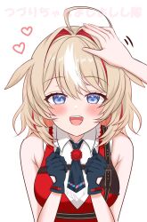  1girl 1other ahoge animal_ears arlonn armpit_crease bare_shoulders black_gloves black_necktie blonde_hair blue_eyes blush breasts collar collared_shirt colored_inner_hair frilled_collar frills gloves goat_ears goat_girl hands_up headpat heart highres hololive looking_at_viewer missing_headwear multicolored_hair necktie open_mouth pov pov_hands red_hair red_shirt red_streaks shirt simple_background sleeveless solo_focus streaked_hair suzuna_tsuzuri teeth upper_body upper_teeth_only virtual_youtuber wax_seal white_background white_hair white_shirt 