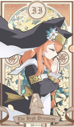  1girl absurdres armlet artist_name black_robe black_veil blue_archive braid_over_shoulder card_(medium) cat_girl closed_eyes coif commentary dress ears_under_headwear english_text facing_ahead flower from_side goanchor gold_armlet halo hat hat_flower highres jewelry long_hair mari_(blue_archive) nun orange_hair own_hands_together praying robe roman_numeral sailor_collar solo tarot tarot_(medium) the_high_priestess_(tarot) twitter_username veil white_dress white_flower white_sailor_collar yellow_halo 