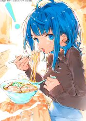  ! 1girl absurdres ahoge black_sweater blue_eyes blue_hair bowl chopsticks copyright_notice eating food highres itachi_(3dt) long_sleeves looking_at_viewer make_heroine_ga_oo_sugiru! medium_hair noodles open_mouth ramen second-party_source sleeves_past_wrists solo sweater table upper_body yanami_anna 