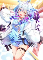  1girl absurdres ahoge blue_eyes blue_hair blue_shirt blue_shorts blurry blurry_background braid choker commentary_request cowboy_shot fuyuhi_uta hair_flaps hair_ornament hairclip hallway heart heart_o-ring highres hololive hololive_dev_is jacket lightning_ahoge long_hair looking_at_viewer low_twin_braids mizumiya_su mizumiya_su_(1st_costume) multicolored_hair o-ring o-ring_choker o-ring_thigh_strap one_eye_closed open_mouth outstretched_arms pink_hair pink_streaks shirt shorts skindentation smile solo spread_arms streaked_hair teeth thigh_strap thighs torn_clothes torn_shirt twin_braids upper_teeth_only virtual_youtuber white_jacket 