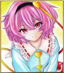  1girl black_hairband blouse blue_shirt blush breasts buttons closed_mouth collarbone colored_pencil_(medium) commentary_request disembodied_linked_eye dot_nose eyeball frilled_shirt_collar frills hair_between_eyes hair_ornament hairband heart heart_button heart_hair_ornament komeiji_satori looking_at_viewer marker_(medium) medium_hair nightmare77zx outline painting_(medium) photo_(medium) pink_hair red_eyes ribbon-trimmed_collar ribbon_trim shikishi shirt simple_background small_breasts smile solo split_mouth touhou traditional_media upper_body watercolor_(medium) white_outline yellow_background 