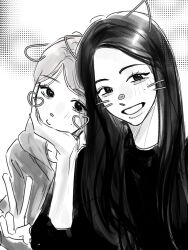  2girls character_request closed_mouth commentary_request copyright_request dinng_2 drawn_ears drawn_whiskers greyscale grin hair_over_shoulder hand_on_another's_chin heart highres korean_commentary long_hair long_sleeves looking_at_viewer monochrome multiple_girls shirt smile straight_hair taking_picture upper_body v 
