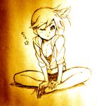  1girl bare_legs breasts cleavage indian_style jacket_over_swimsuit kasumi_(pokemon) looking_at_viewer midriff monochrome navel open_clothes open_jacket pokemon pokemon_(game) pokemon_frlg pokemon_rgby sei_jun sepia short_hair sitting solo wink 