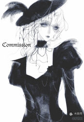  1girl absurdres blue_eyes choker closed_mouth collarbone commission dress expressionless greyscale hat hat_feather highres juliet_sleeves long_sleeves looking_to_the_side mihuashi_commission monochrome nnnadaline original puffy_sleeves solo spot_color upper_body watermark 