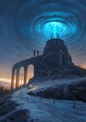 1other absurdres ambiguous_gender arch_bridge bear bridge commentary energy_beam english_commentary fantasy highres hill max_asabin original outdoors pine_tree polar_bear scenery snow sunset tower tree very_wide_shot walking 