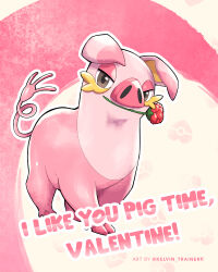  alternate_color animal_focus artist_name commentary english_commentary english_text flower flower_in_mouth grey_eyes highres kelvin-trainerk mouth_hold no_humans nostrils oinkologne oinkologne_(female) pig pink_theme poke_ball_symbol pokemon pokemon_(creature) pokemon_focus pun red_flower red_rose rose shiny_pokemon valentine 