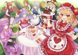  6+girls absurdres alternate_costume apron ascot back_bow bat_wings beret black_hat black_skirt black_vest blonde_hair blue_bow blue_dress blue_eyes blue_hair blush book bow bowtie braid brown_eyes cake cake_slice chair chocolate_cake closed_mouth collared_shirt commentary_request crescent crescent_hat_ornament demon_wings detached_sleeves dress flandre_scarlet food food_print frilled_bow frilled_hair_tubes frilled_wrist_cuffs frills fruit fruit_print green_bow green_hat green_ribbon green_skirt green_vest grey_hair hair_bow hair_tubes hakurei_reimu hat hat_bow hat_ornament hat_ribbon head_wings highres holding holding_book holding_plate hong_meiling izayoi_sakuya kirisame_marisa kituneame080 koakuma long_hair looking_at_viewer maid maid_headdress mob_cap multicolored_wings multiple_girls neck_ribbon on_chair one_side_up open_mouth orange_bow patchouli_knowledge pinafore_dress pink_dress pink_hat pink_shirt pink_skirt plate print_apron puffy_short_sleeves puffy_sleeves purple_hair red_ascot red_bow red_bowtie red_dress red_eyes red_hair red_hat red_ribbon red_skirt red_vest red_wrist_cuffs remilia_scarlet ribbon ribbon-trimmed_sleeves ribbon_trim shirt short_sleeves side_braid side_slit single_braid skirt skirt_set sleeve_bow sleeveless sleeveless_dress smile solo star_(symbol) star_hat_ornament strawberry_print striped_clothes striped_dress table tiered_tray touhou twin_braids vertical-striped_clothes vertical-striped_dress very_long_hair vest violet_eyes waist_apron white_apron white_shirt wings witch_hat wrist_cuffs yellow_ascot yellow_bow yellow_bowtie yellow_eyes 