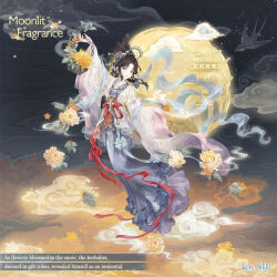  aegyo_sal artist_request basket black_hair blue_bow blue_hanfu bow bow-shaped_hair brown_eyes character_name chinese_clothes chinese_hairpin closed_mouth clouds collarbone copyright_logo crescent crescent_hair_ornament dangle_earrings dot_nose earrings english_text floating floating_hair flower flower_basket flower_earrings flower_necklace flower_request full_moon hair_bow hair_flower hair_ornament hair_rings hair_stick hanfu happy holding holding_basket jewelry leaf lipstick logo long_sleeves makeup miracle_nikki moon moonlit_fragrance_(miracle_nikki) mountain night nikki_(series) official_art outdoors outstretched_arms pagoda parted_bangs pink_robe red_lips red_ribbon ribbon robe short_hair_with_long_locks sidelocks smile smoke third-party_source updo waist_ribbon white_flower wide_sleeves xiangyun yellow_flower 
