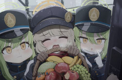  3girls aoba_(blue_archive) black_hat blue_archive closed_eyes commentary_request doorway garados_(limmjiiiminnn99) green_halo halo hat highres hikari_(blue_archive) long_hair multiple_girls nozomi_(blue_archive) open_mouth yellow_halo 