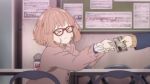  &gt;_&lt; 1girl animated animated_gif blush bulletin_board cardigan glasses kuriyama_mirai kyoukai_no_kanata lowres money orange_hair ramen screencap 