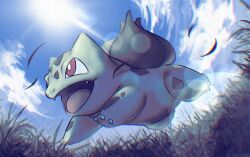 1other as_(as21_00) blue_sky bulbasaur claws commentary_request fangs from_below grass looking_up no_humans open_mouth pokemon pokemon_(creature) sky sun_glare 