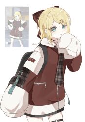  1girl :3 alternate_costume aqua_eyes backpack bag black_choker blonde_hair bow breasts brown_necktie choker fortissimo game_screenshot_inset hair_bow hair_ornament hairclip highres hood hood_down hooded_jacket jacket kagamine_rin looking_at_viewer multicolored_jacket necktie orkaj_93 oversized_clothes photo-referenced photo_inset project_sekai screenshot_inset short_hair simple_background sleeves_past_fingers sleeves_past_wrists small_breasts thigh_strap vocaloid white_background 