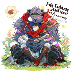  2boys absurdres animal_ears anniversary bear_boy bear_ears boned_meat bug butterfly closed_eyes commentary company_name copyright_name corruption dreaming dual_persona english_commentary fire_emblem fire_emblem:_path_of_radiance fire_emblem_shadows flower food furry furry_male hagiya_kaoru headband highres ike_(fire_emblem) ike_(radiant_merc)_(fire_emblem) male_focus meat multiple_boys nose_bubble official_art pawpads second-party_source signature sleeping translation_request 