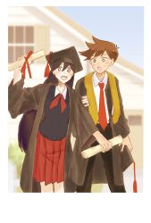  1boy 1girl black_hair commentary_request diploma graduation hat hero_(faraway)_(omori) hero_(omori) highres hsiksyr mari_(faraway)_(omori) mari_(omori) mortarboard necktie omori pleated_skirt school_uniform skirt tassel 