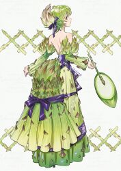  1girl asparagus back backless_dress backless_outfit bare_back bare_shoulders bow detached_sleeves dress dress_bow dress_ribbon english_commentary food food-themed_hair_ornament from_behind full_body green_dress green_hair hair_ornament highres holding holding_food humanization long_hair low-tied_long_hair original personification purple_bow purple_ribbon ribbon shirt short_hair solo strapless strapless_shirt umishima_senbon violet_eyes 