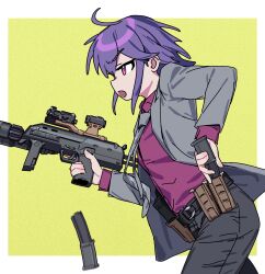 1girl absurdres ammunition_pouch black_pants collared_shirt commentary detached_magazine_(weapon) from_side glock green_background grey_jacket grey_necktie gun handgun highres holding holding_gun holding_magazine_(weapon) holding_weapon holster holstered jacket magazine_(weapon) motion_blur mp7_(girls'_frontline) necktie open_mouth original pants pilot_webber pouch purple_hair purple_shirt reloading shirt simple_background solo suppressor trigger_discipline two-tone_background violet_eyes weapon white_background