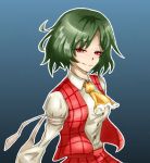  1girl amputee bandages cravat erodotosu gradient gradient_background green_hair kazama_asuka plaid plaid_skirt plaid_vest red_eyes skirt solo touhou vest 