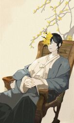  1boy acppla black_hair chair closed_eyes derivative_work e.g.o_(project_moon) flower grey_robe growing_out_of_body hanbok highres korean_clothes leaning_back limbus_company male_focus own_hands_clasped own_hands_together project_moon reverend_insanity robe robe_partially_removed short_hair sitting solo spicebush_(e.g.o) technology_liberation_alliance_(identity)_(project_moon) tree white_hanbok yellow_flower yi_sang_(project_moon) 
