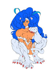  1girl animal_ears animal_hands bare_shoulders big_hair blue_hair body_fur breasts cat_ears cat_girl cat_paws cat_tail commentary covered_nipples cowboy_shot cromwaits dark-skinned_female dark_skin darkstalkers english_commentary felicia_(darkstalkers) flat_color full_body green_eyes highres large_breasts long_hair muscular muscular_female organic_bra revealing_clothes simple_background solo squatting tail thick_thighs thighs white_background white_fur 