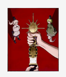  3girls commentary_request dress floating_hair ghost_tail green_dress green_hair hands_in_opposite_sleeves hat highres holding holding_sword holding_weapon long_hair long_sleeves looking_at_viewer matsumoto_oka mononobe_no_futo multiple_girls pov pov_hands red_background reflection sheath skirt soga_no_tojiko standing sword tate_eboshi touhou toyosatomimi_no_miko unsheathing weapon white_hair 