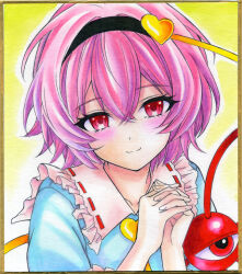  1girl black_hairband blouse blue_shirt blush buttons closed_mouth colored_pencil_(medium) commentary_request crossed_bangs disembodied_linked_eye dot_nose eyeball frilled_shirt_collar frills hair_between_eyes hair_ornament hairband hands_up heart heart_button heart_hair_ornament interlocked_fingers komeiji_satori looking_at_viewer marker_(medium) nightmare77zx own_hands_clasped own_hands_together painting_(medium) photo_(medium) pink_hair red_eyes ribbon-trimmed_collar ribbon_trim shikishi shirt simple_background smile solo split_mouth touhou traditional_media upper_body watercolor_(medium) 
