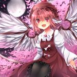  1girl :d animal_ears black_legwear cherry_blossoms dress hat highres in_tree moon mystia_lorelei night open_mouth pantyhose pink pink_eyes pink_hair sitting sitting_in_tree smile solo touhou tree xe-cox 