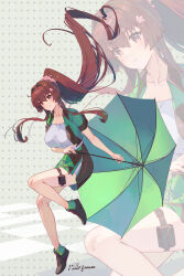  1girl black_jacket black_shoes black_skirt breasts brown_hair c2_race_queen_uniform cherry_blossoms commentary_request cropped_jacket flower full_body green_jacket green_shoes green_skirt green_umbrella hair_between_eyes hair_flower hair_intakes hair_ornament highres himeyamato holding holding_umbrella huge_breasts jacket kantai_collection long_hair miniskirt multicolored_jacket multicolored_shoes ponytail racequeen red_eyes shirt shoes short_sleeves sidelocks skirt smile thigh_strap two-tone_jacket two-tone_shoes two-tone_skirt umbrella very_long_hair white_shirt yamato_(kancolle) zoom_layer 
