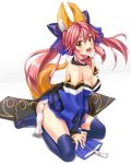  1girl animal_ears bare_shoulders blue_legwear bow breasts caster_(fate/extra) cleavage detached_sleeves fate/extra fate_(series) fox_ears fox_tail geta hair_bow hair_ribbon highres hobenkei japanese_clothes large_breasts pink_hair ribbon solo tail thighhighs twintails yellow_eyes 