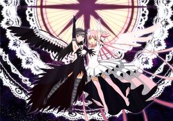  2girls akemi_homura akuma_homura argyle argyle_legwear armpits black_hair bow cadsensei dress elbow_gloves gloves goddess_madoka hair_bow hair_ribbon kaname_madoka long_hair mahou_shoujo_madoka_magica mahou_shoujo_madoka_magica_movie multiple_girls pink_hair ribbon smile spoilers thighhighs twintails two_side_up violet_eyes wings yellow_eyes 