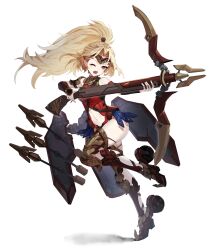  1girl absurdres armor bare_shoulders blonde_hair character_request circlet clothing_cutout copyright_request crossbow cuisses fang full_body greaves high_ponytail highres holding holding_crossbow holding_weapon huge_weapon leg_armor leg_up leotard long_hair navel navel_cutout one_eye_closed open_mouth ponytail red_leotard skin_fang skindentation smile solo vambraces very_long_hair weapon white_background yellow_eyes zhu_fun 