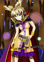  1girl belt blonde_hair bracelet brown_eyes cape commentary_request dress earmuffs hand_on_own_hip jewelry kams looking_at_viewer pointy_hair purple_cape purple_ribbon purple_skirt ribbon ritual_baton skirt sleeveless smile solo sword touhou toyosatomimi_no_miko weapon 