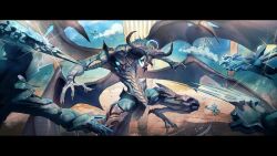  1boy 1other absurdres blue_sky claw_(weapon) clouds dragon dragon_horns dragon_wings english_commentary fighting_stance halo highres holding holding_sword holding_weapon horns huge_horns ice looking_at_viewer magic multiple_wings natsuki_subaru open_mouth outdoors pillar pleiades_watchtower re:zero_kara_hajimeru_isekai_seikatsu sharp_teeth sky sonic1nstinct sword teeth volcanica_(re:zero) weapon wings yellow_eyes 