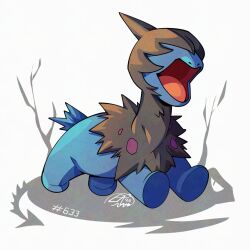  black_fur blue_fur covered_eyes deino_(pokemon) mistray-art no_humans numbered open_mouth pokemon pokemon_(creature) signature solo tail two-tone_fur white_background 