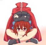  1girl blush bow cape crossed_arms disembodied_head hair_bow indian_style long_sleeves red_eyes redhead sekibanki short_hair sitting skirt solo touhou 