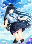  black_hair blue_eyes clouds highres kazuharu_kina long_hair original school_uniform skirt sky smile very_long_hair 
