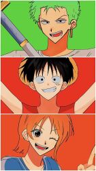 1girl 2boys arms_up black_eyes black_hair blue_shirt brown_eyes commentary_request earrings green_background green_hair grin hat highres jewelry katana looking_at_viewer mni9i0 monkey_d._luffy multiple_boys nami_(one_piece) one_eye_closed one_piece open_mouth orange_background orange_hair portrait red_background red_vest roronoa_zoro scar scar_on_cheek scar_on_face shirt short_hair smile straw_hat straw_hat_pirates sword upper_body vest weapon white_shirt 