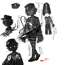  1boy alternate_costume anger_vein black_cape black_hair black_hat black_necktie black_shoes black_shorts black_skin black_socks bloody_footprints cape character_name chinese_text colored_skin commentary_request full_body gloves hat holding holding_whip kneehighs looking_at_viewer male_focus necktie omori sakakien shoes shorts simple_background socks solo something_(omori) stranger_(omori) suspender_shorts suspenders translation_request whip white_background white_eyes white_gloves 