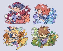 2boys 2girls :d :o antenna_hair backwards_hat black_dress black_gloves black_hair black_shirt black_shoes blastoise blonde_hair blue_eyes blue_oak blue_pants blush boots breath_weapon breathing_fire brown_eyes brown_hat brown_shoes cape charizard chibi chuchu_(pokemon) claws clenched_hand closed_mouth commentary_request ditto doduo dress fang fangs fat_pikachu finger_to_mouth fingerless_gloves fire fishing_rod full_body glint gloves green_(pokemon) green_cape grey_background grey_pants hair_between_eyes hand_on_headwear hat heart highres holding holding_fishing_rod jacket jewelry jigglypuff leaf long_hair long_sleeves multiple_boys multiple_girls necklace one_eye_closed open_clothes open_jacket open_mouth pants pika_(pokemon) pikachu plant poke_ball poke_ball_(basic) pokemon pokemon_(creature) pokemon_adventures pokemon_team poliwrath porygon purple_boots purple_shirt rattata red_(pokemon) red_hat red_jacket scyther shirt shoes short_hair simple_background smile socks sparkle spiky_hair sun_hat tongue tunic venusaur vines white_gloves white_shoes white_socks wide_brim yellow_(pokemon) yellow_tunic yu_quan0709 