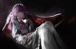  absurdres cokei crossed_legs cup enmaided highres long_hair looking_at_viewer maid maid_headdress monogatari_(series) red_ribbon ribbon senjougahara_hitagi sitting straight_hair teacup thigh-highs white_thighhighs 
