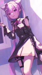  1girl :p bare_shoulders black_choker black_shirt black_skirt blue_archive bow-shaped_hair brooch center_frills choker collared_shirt commentary_request cone_hair_bun demon_girl demon_wings detached_sleeves double_bun dutch_angle eyelashes eyes_visible_through_hair feet_out_of_frame frilled_shirt frills hair_between_eyes hair_bun hair_ornament hairclip halo hand_up heart heart_brooch heart_hair_ornament highres holding holding_phone jewelry jirai_kei karen_(blue_archive) long_hair low_wings open_mouth parallel_hairclips phone pink_ribbon pointy_ears purple_hair purple_halo ribbon shirt sidelocks single_wing skirt sleeveless sleeveless_shirt sleeves_past_fingers sleeves_past_wrists slit_pupils smile solo standing straight_hair thigh_strap thighs tongue tongue_out tsurime twintails upsilon3219 very_long_hair violet_eyes wings 