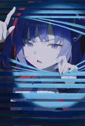  1girl absurdres black_suit blue_archive blue_eyes blue_hair blue_necktie chinese_commentary commentary_request fanshuimucishen highres looking_at_viewer necktie open_mouth shirt short_twintails skeptical solo spotlight straight-on suit twintails upper_body white_shirt window_blinds yuuka_(blue_archive) 
