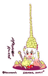  1girl animal_on_head arm_strap baby_animal bird bird_on_head bow chibi chick commentary_request drooling fujiwara_no_mokou gradient_hair hair_bow highres holding kurumizawa_taroh mouth_drool multicolored_hair mystia_lorelei mystia_lorelei_(bird) on_head open_mouth pants red_hair red_pants saliva sitting smile solo suspenders too_many too_many_chicks touhou translation_request white_hair 
