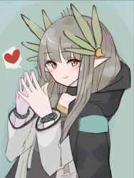  1girl arknights black_coat black_shirt blush bracelet coat commentary_request doctor's_coat_(arknights) elf green_background heart hige_qr hood hooded_coat infection_monitor_(arknights) jewelry lab_coat laurel_crown looking_at_viewer muelsyse_(arknights) open_clothes open_coat own_hands_together pointy_ears shirt smile solo spoken_heart white_coat yellow_eyes 