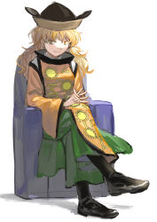  1girl absurdres black_boots black_hat black_trim blonde_hair boots chair closed_mouth commentary_request constellation_print crossed_legs detached_sleeves full_body green_skirt hat highres interlocked_fingers long_hair long_skirt long_sleeves looking_at_viewer matara_okina namewanoketsu on_chair orange_sleeves orange_tabard own_hands_together shirt simple_background skirt smile solo sun_print sun_symbol tabard tate_eboshi touhou white_background white_shirt wide_sleeves yellow_eyes 