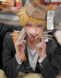  absurdres bag bag_on_head bandaid bandaid_on_hand belt black_jacket blonde_hair buttons collarbone elbow_on_table food french_fries hair_between_eyes hands_on_another's_shoulders highres holding holding_food jacket jewelry ketchup ketchup_packet long_sleeves looking_at_viewer male_focus mcdonald's multiple_rings naruto_(classic) naruto_(series) necklace paper_bag receipt ring shirt short_hair sitting ssxssss_848 teeth uzumaki_naruto whiskers white_shirt 