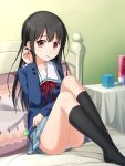  1girl adjusting_hair bed black_hair candy highres kyoukai_no_kanata lollipop long_hair mouth_hold nase_mitsuki on_bed panties pantyshot pantyshot_(sitting) red_eyes sitting socks solo tucana underwear 