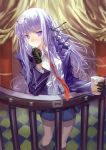  1girl dangan_ronpa food food_on_face food_on_head gloves kirigiri_kyouko long_hair miyazaki_byou necktie object_on_head purple_hair ramen serious solo violet_eyes 